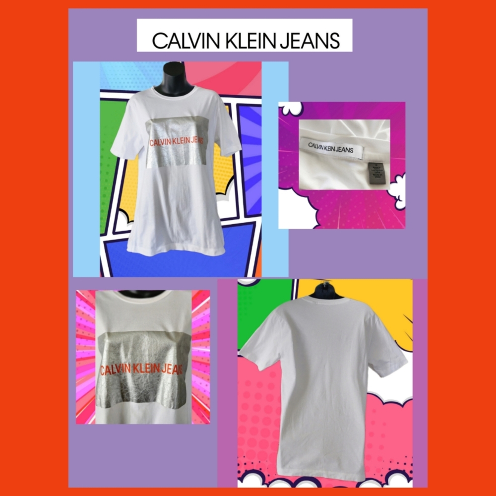CALVIN KLEIN WHITE WITH METALLIC MONOGRAM LOGO T SHIRT - Picture 1 of 5